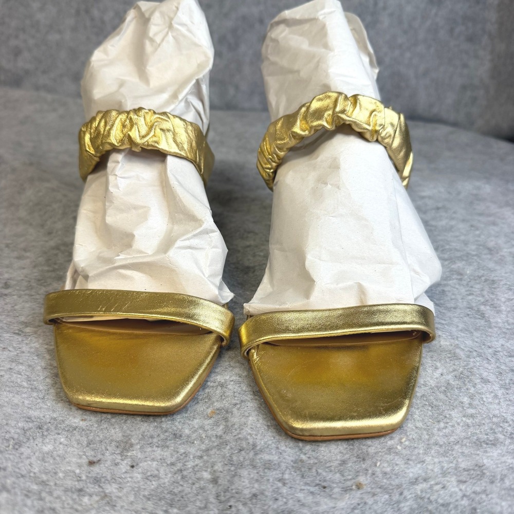 Saks Fifth Avenue Gold Metallic Ruched Strap Kitten Heel Sandals Size 8 M